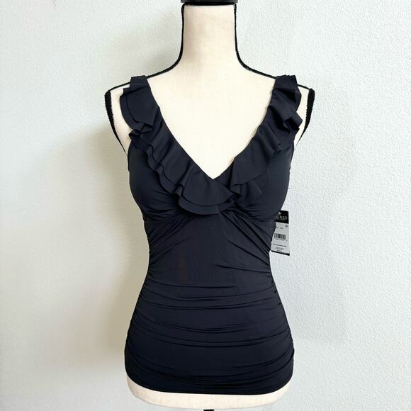 Lauren Ralph Lauren Black Beach Club Solid Ruffle Tankini Top Women’s Small NWT - Picture 2 of 8